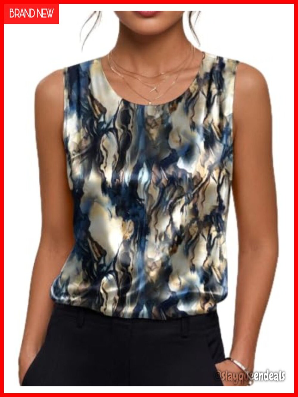 Womens Satin Tank Top Pleated Sleeveless Blouse Dressy Casual